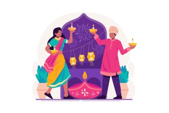 A Couple Celebrate Diwali Illustration for Crafting and Design