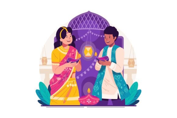 Couple Holds Diya Lamps Celebrate Diwali Graphics