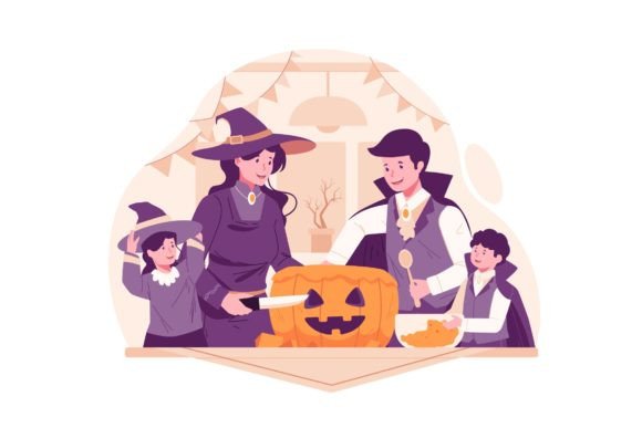 Family Carving a Pumpkin Illustration for Branding and Packaging