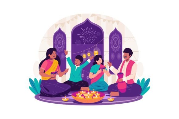 Family Celebrate Diwali Illustration for Branding and Packaging