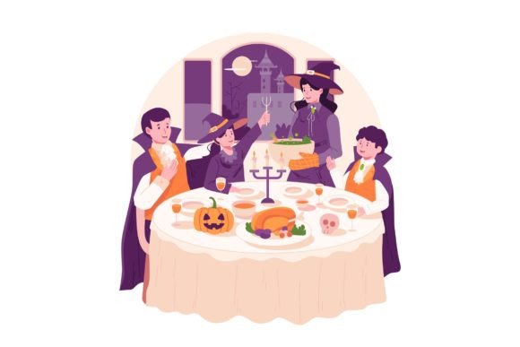 Halloween Dinner Party Illustration: A Versatile Graphic Asset