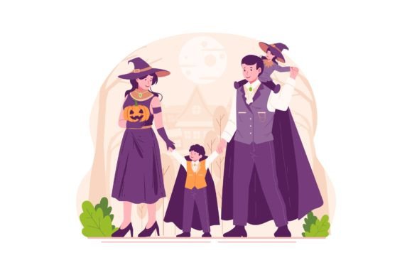 Happy Family in Costumes Illustration for Branding and Marketing