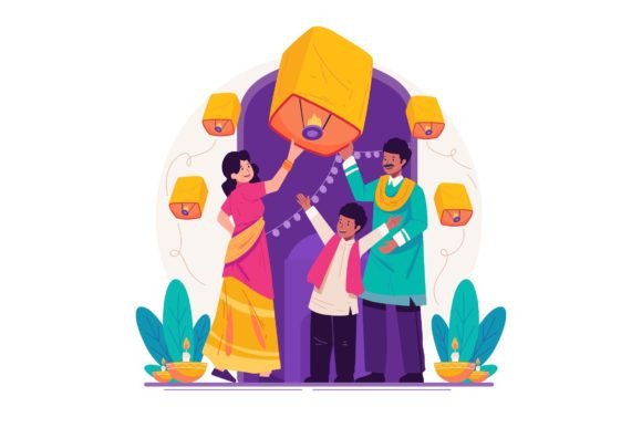 Indian Family Release Lanterns on Diwali Graphics