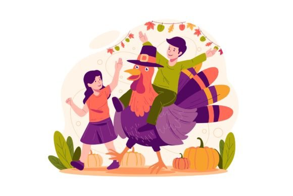 Kids Playing with a Thanksgiving Turkey Graphics