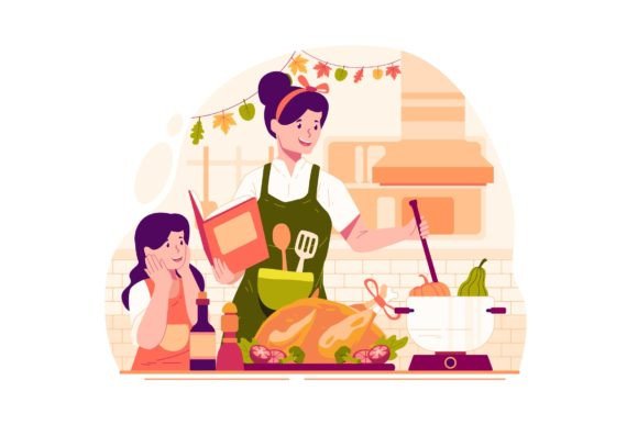 Mother and Daughter Cooking Illustration for Branding and Marketing