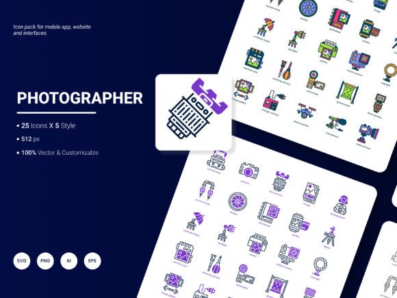 Photographer Icon Pack: A Modern Graphic Design Asset for Content Publishers